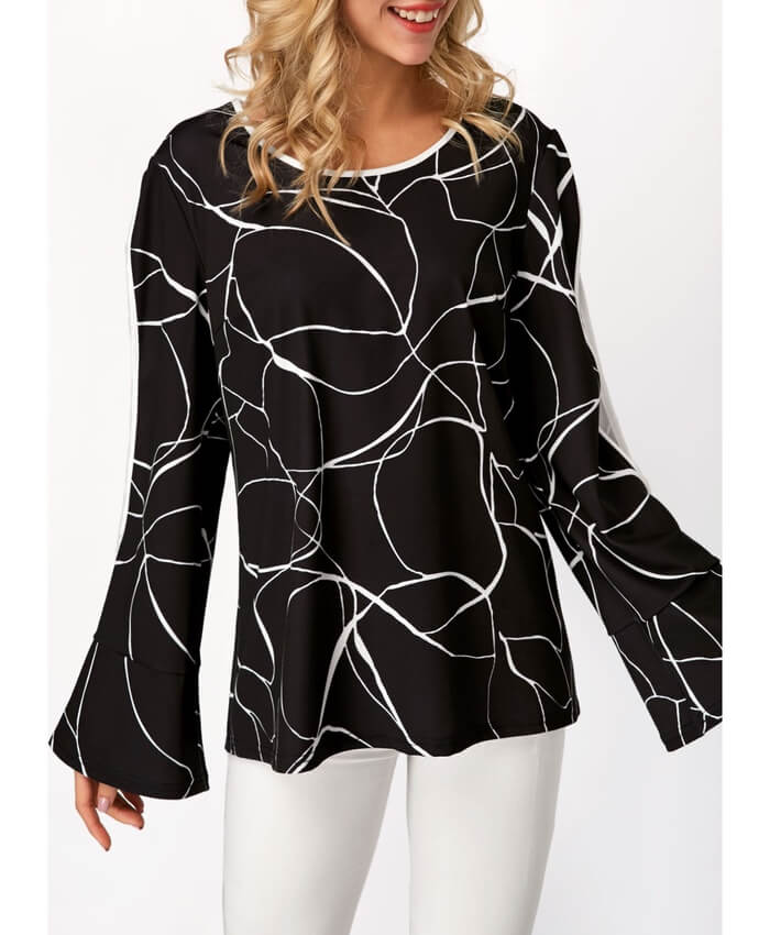 Split Sleeve Printed Flare Cuff Blouse